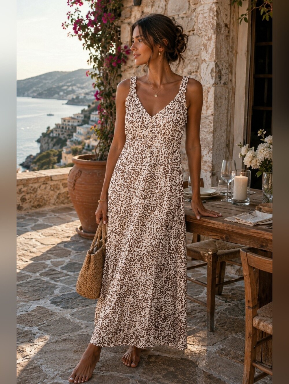NWT Crescent Sleeveless Animal Print Maxi Dress Brown Beige Coastal Boho Medium